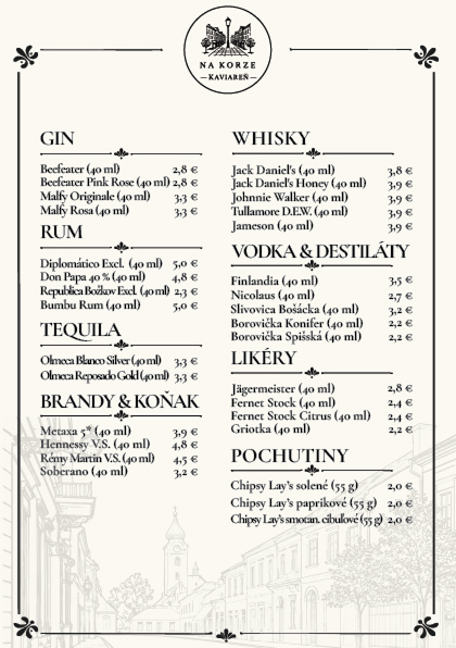 Nápojový lístok Kaviarne Na Korze – gin, rum, whisky, vodka a likéry