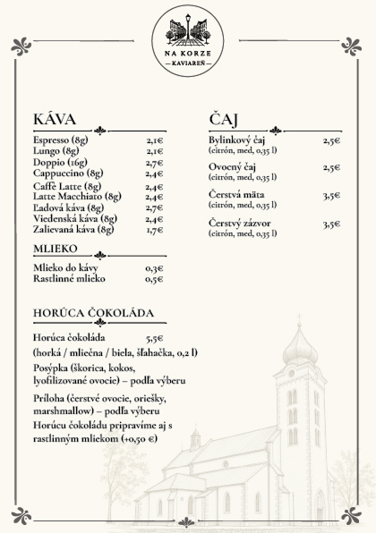 Nápojový lístok Kaviarne Na Korze – káva, čaj a horúca čokoláda
